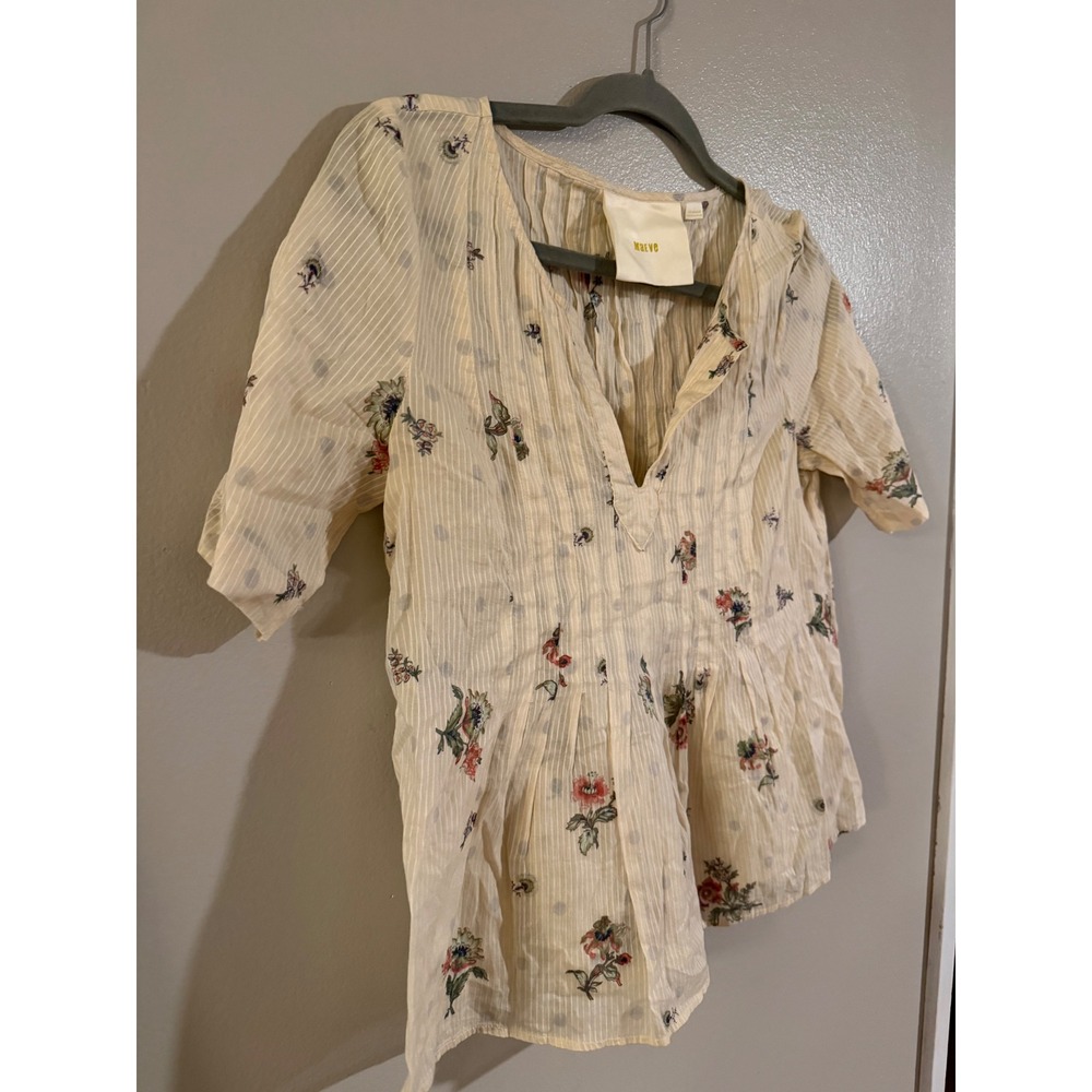 Maeve Anthropologie Floral Striped V-Neck Blouse Cream Short Sleeve Pleated Sz 0 - Picture 2 of 6
